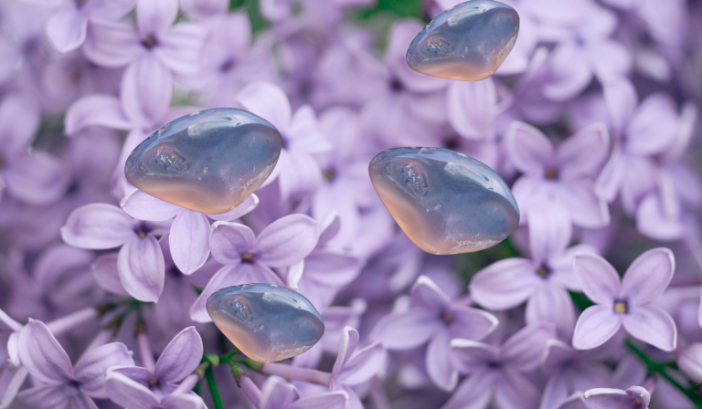 lilac background with blue chalcedony stones